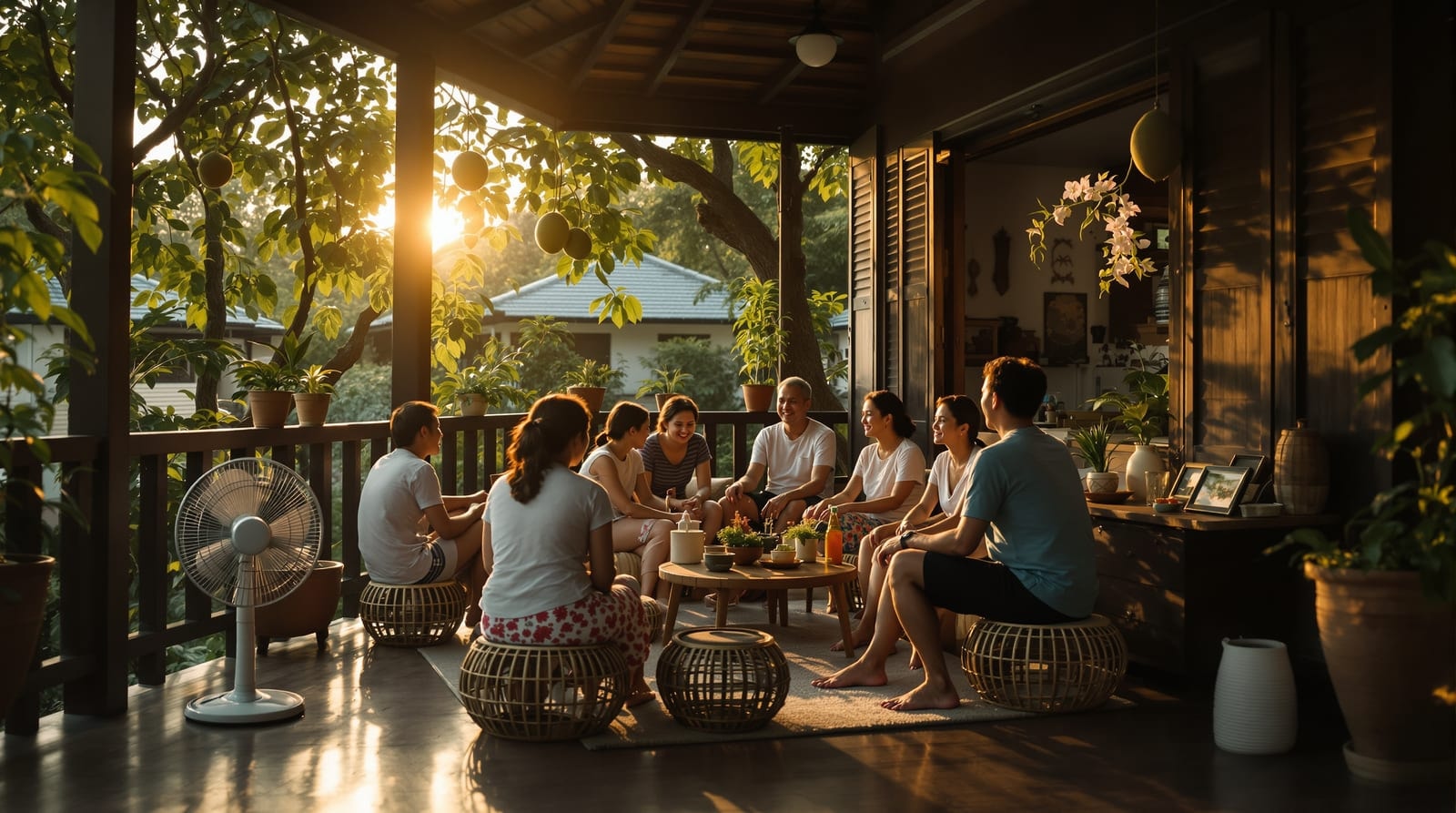 บ้านไทยยามเย็นที่มีคนในครอบครัวนั่งคุยกันอยู่ที่ชานบ้าน