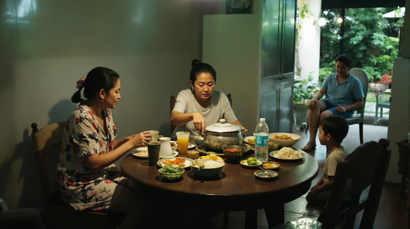 ครอบครัวไทยสามรุ่นนั่งล้อมโต๊ะอาหารเย็นในบ้าน